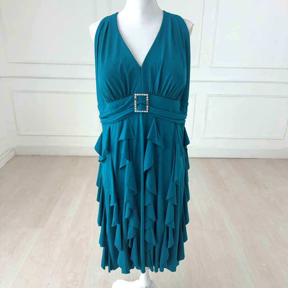 Betsy & Adam Dress Womens 18W Teal Blue Halter Ruffle Rhinestone Buckle Cocktail